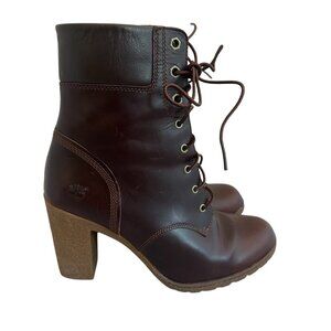 Timberland Glancy Brown Leather Lace-Up Boots High Heel Rugged Leather Size 8